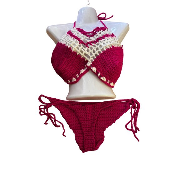 Handmade Crochet Bikini Set Pink & White Halter Top Knit Sexy Swimsuit Large Hot - Picture 1 of 7